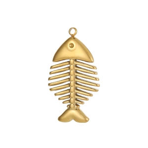 Polished golden stainless steel fishbone pendant with a top ring on white background