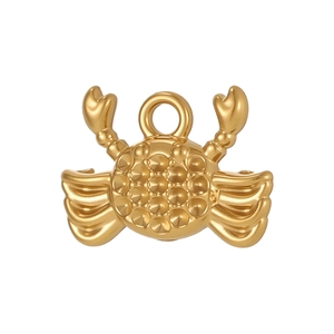 Detailed close-up of a golden crab pendant with embossed texture and metal loop