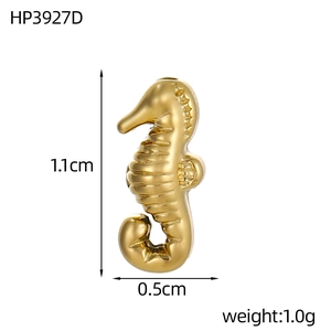 Golden seahorse charm pendant details with dimensions 1.1cm x 0.5cm and 1.0g weight