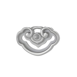 Macro detail of silver stainless steel pendant with traditional hollow Ruyi pattern