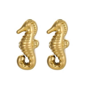 Minimalist golden stainless steel seahorse earrings with detailed ocean animal design