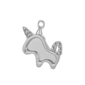 Polished silver stainless steel unicorn pendant with circular hanging ring connector