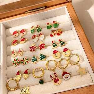 Festive Christmas Enamel Alloy Stud Earrings Santa Claus Snowman Tree Stocking Snowflake Jewelry For Women Party Gift