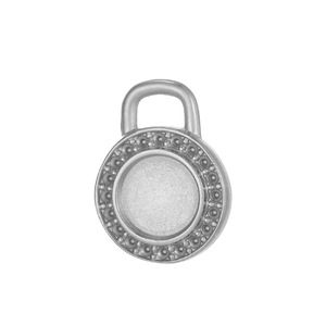 Detailed view of silver stainless steel round pendant with a textured bezel for DIY jewelry