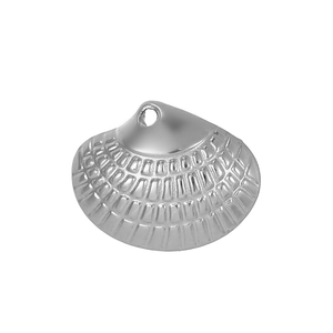 Detailed macro view of a silver shell-shaped metal pendant with fine embossed textures