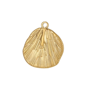 Detailed macro view of a golden scallop shell pendant with radial texture and jump ring