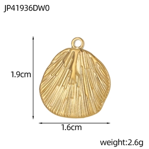 Golden seashell pendant detail showing 1.9cm height and 1.6cm width dimensions