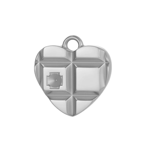 Macro shot of silver heart pendant with grid texture and polished stainless steel finish