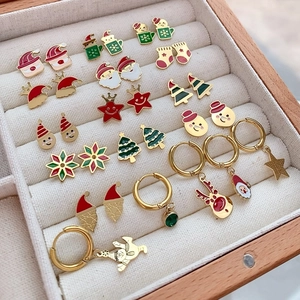 Christmas themed earring set with Santa Claus and reindeer in oil-dripped alloy