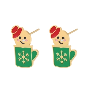 Detail of Christmas snowman cup earrings with colorful enamel and gold-plated finish