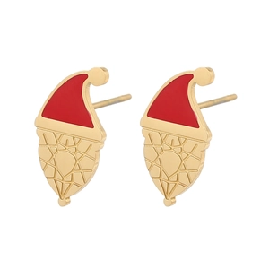 Close-up of gold-plated Santa hat stud earrings with red enamel and wire beard details