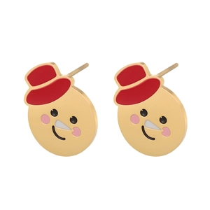 Detail of Christmas snowman earrings with gold base and colorful enamel finish