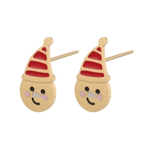 Detail of Christmas snowman earrings with gold base and red-white enamel finish
