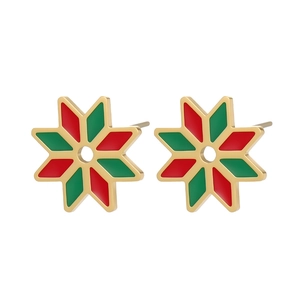 Stainless steel gold plated Christmas star stud earrings with red and green enamel fill