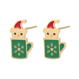 Detail of gold-plated Christmas bear in green mug earrings with red enamel hats