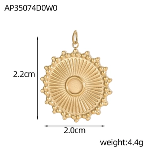 Golden geometric pendant detail with sunburst texture and dimensions of 2.2cm by 2.0cm
