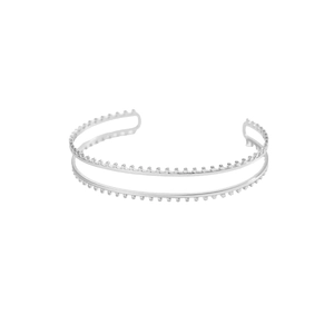 Bracciale rigido a doppio strato argento con eleganti bordi perlati e design minimalista