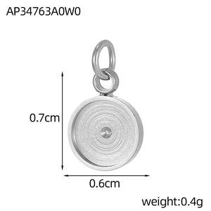 Detailed macro view of 0.6cm round stainless steel pendant charm with dimensions and weight