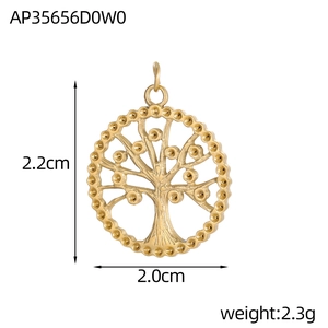Macro shot of a golden Tree of Life pendant featuring intricate cutout details and beaded rim