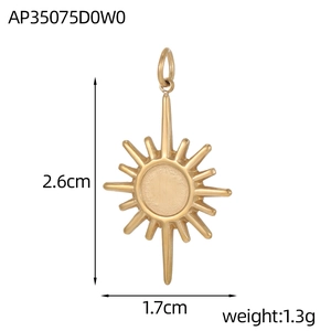 Golden sunburst pendant measurements showing 2.6cm height and 1.7cm width on white background