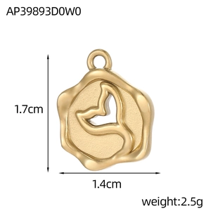 Detail of golden stainless steel whale tail pendant showing 1.7cm height and 1.4cm width