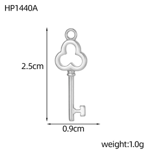 Detailed view of silver key charm pendant with dimensions 2.5cm height and 0.9cm width