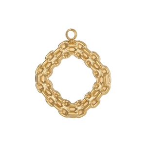 Close-up of golden square link pendant with woven chain texture for DIY jewelry making