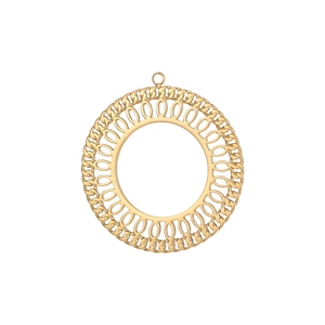 Detail of a golden round steampunk gear charm with woven texture and hollow oval center