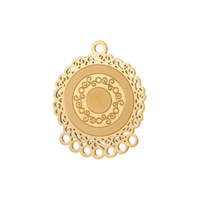 Detailed view of golden hollow filigree pendant with multi-layered concentric circles