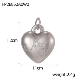 Detailed size and weight view of a heart-shaped Mom pendant in polished stainless steel
