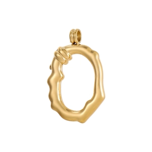 Detailed view of gold letter O pendant featuring irregular molten metal texture