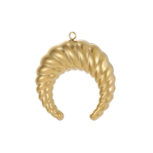 Polished gold stainless steel crescent moon pendant with elegant spiral twist texture