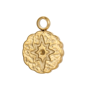 Macro view of gold vintage geometric star pendant with hammered texture and sunburst detail