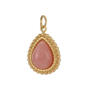 Wassertropfen-Anhänger mit rosa Edelstein und goldener Edelstahl-Perlenrand-Einfassung