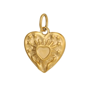 Golden heart pendant with embossed sunburst rays and stars on brushed metal finish