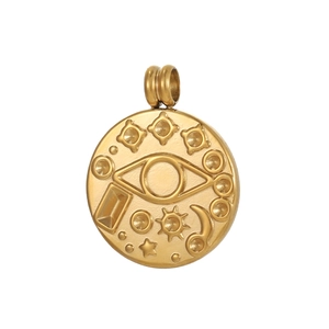 Gold stainless steel evil eye pendant with sun moon and star celestial engravings