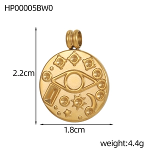 Vintage stainless steel round pendant with evil eye sun and moon symbols in gold finish