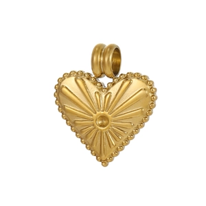 Golden stainless steel heart pendant with sunburst relief and beaded edges on white background