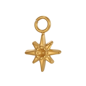 Detailed view of a gold starburst pendant with an eight-point radial design and polished finish