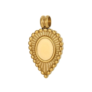 Detail of a golden teardrop pendant with radial texture and circular bead edge detail