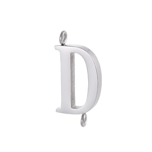 Macro view of capital letter D stainless steel connector with dual loops for DIY jewelry