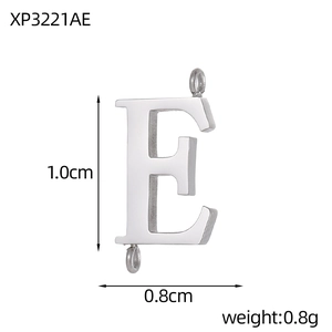 Polished stainless steel letter E charm connector with double loops and dimension details