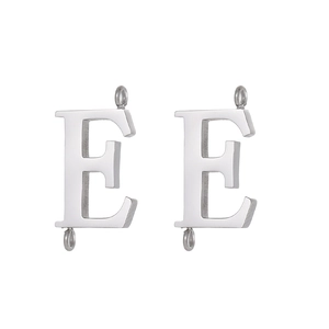 Polished stainless steel letter E charm connector with double loops for jewelry making