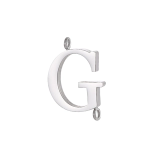 Polished silver stainless steel letter G pendant with double connector loops for DIY jewelry