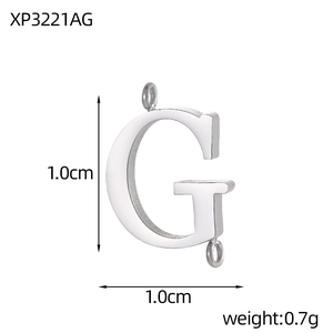 Detailed silver letter G connector charm for DIY jewelry with size and weight specs