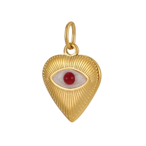 Makroaufnahme von Herz-Augen-Anhänger mit roter Pupille und weißem Glitzer-Emaille