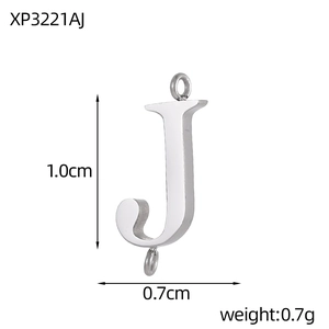 Macro shot of silver letter J charm with dual connection loops and 1.0cm dimension guide
