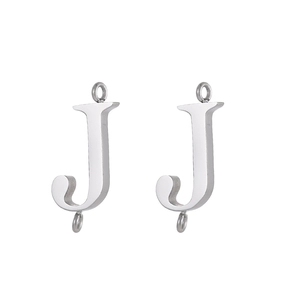 Polished silver stainless steel letter J connector pendant with double bail loops for DIY jewelry
