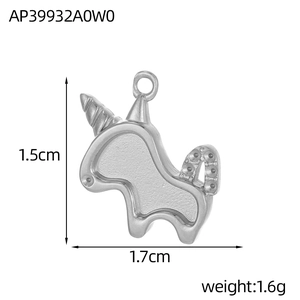 Detailed size view of silver unicorn charm showing 1.5cm height and 1.7cm width