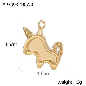 Golden unicorn pendant detail with matte texture, polished edges and size dimensions